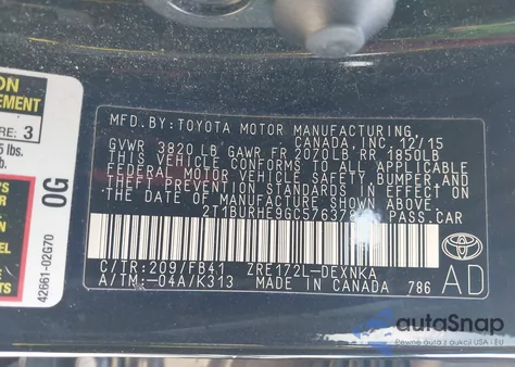 2016 Toyota Corolla Le из США, поврежденный, VIN 2T1BURHE9GC576378